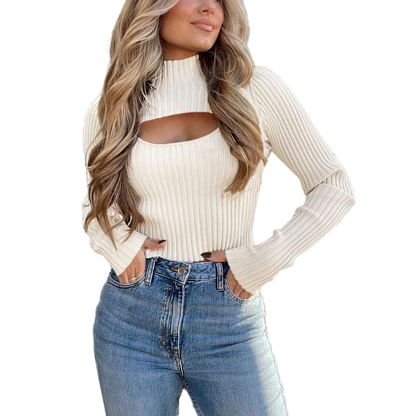 Dam 2-delad Utskuret Topp Långärmad Mock Neck Ribbstickad Vintertröja White M
