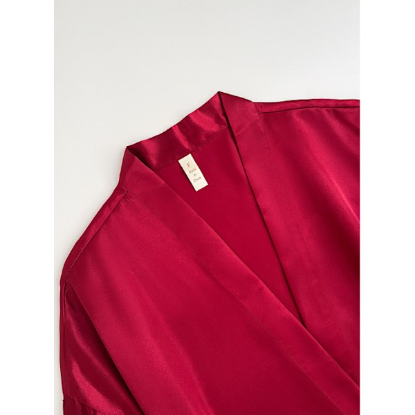 Langærmet Satin-Morgenkåbe med Fuzzy Trim og Bælte til Kvinder - Brudekjole til Bryllupsdag Red