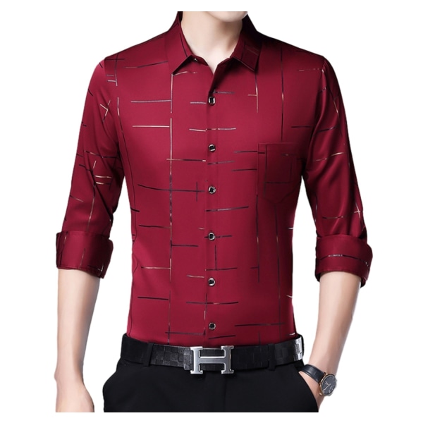 Mænds Trykt Lapel Business Casual Langærmet Skjorte Red M