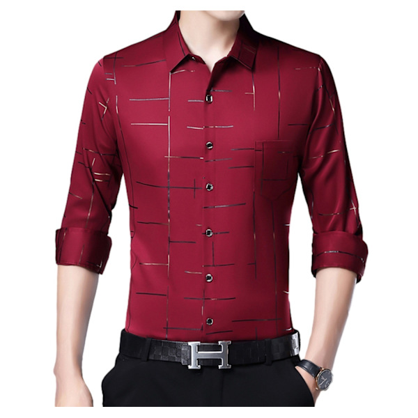 Menn's Trykket Lapel Business Casual Langærmet Skjorte Red M