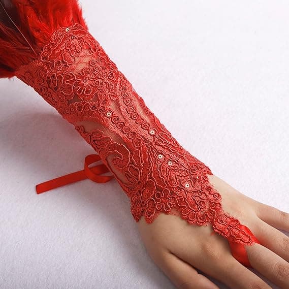 Kvinders Sorte Blonder Fjer Handsker Hexe Engel Kostume Tilbehør Red