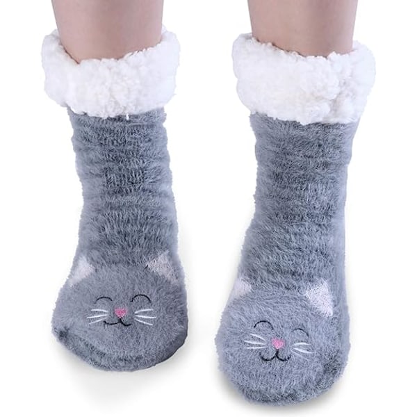 Damkatt Fuzzytofflor med Grepp Grey