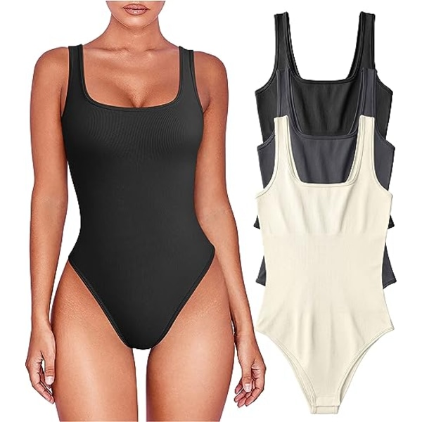3-pack Dam Bodysuits - Sexig Ribbad En-dels Sleeveless Tank Top Bodysuits Black Dark Grey Beige L