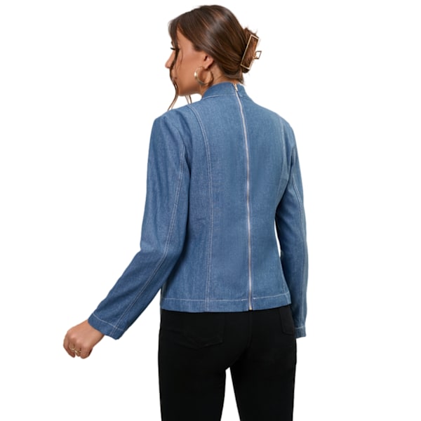 Dame Jakke i Ensfarvet Denim med Lynlås og Rund Krave Dark Blue XXL