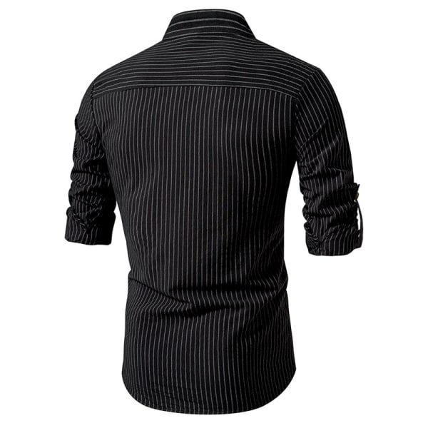 Hvit skjorte for menn med striper, stående krage og lange ermer Black M