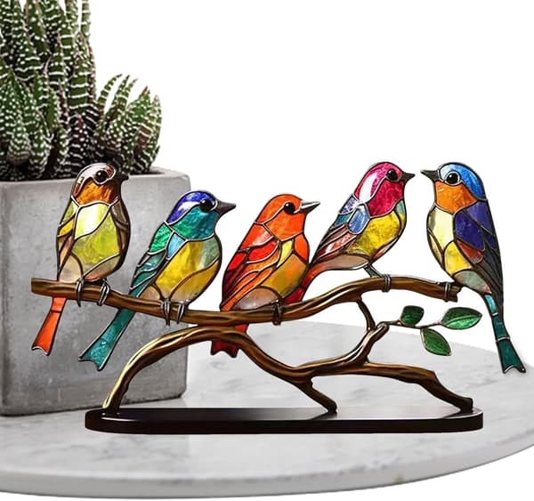 Farvede Glasfugle På Gren Desk Ornamenter Five