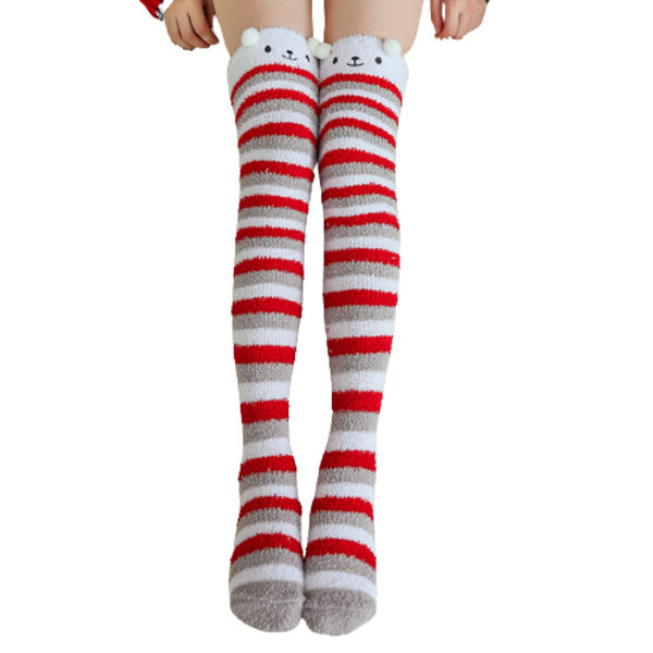 Damstrumpor med tecknad figur, fluffiga, vintervarma, över knäet Striped Bear