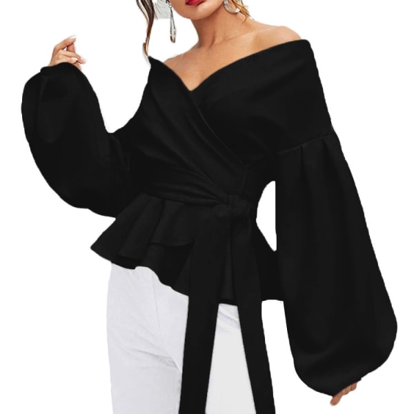 Kvinners stroppeløs langærmet V-hals ruffle skjorte Black 2XL