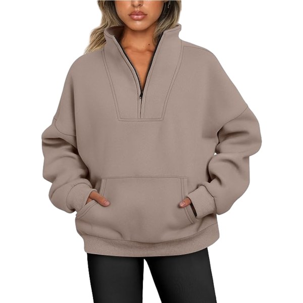 Dame Halv Zip Sweatshirt Casual Langærmet Stående Krave Trøje KHAKI S