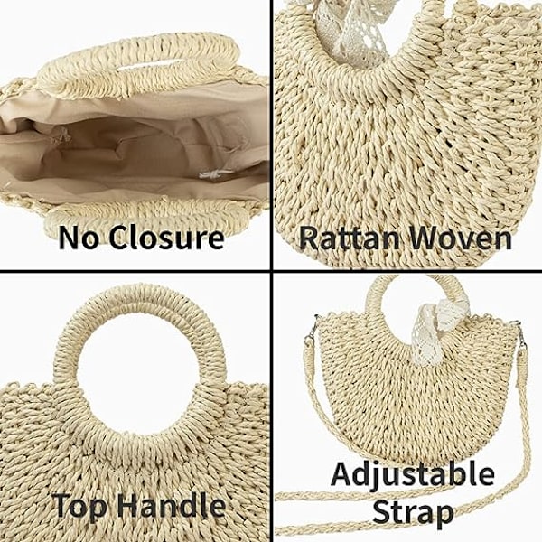 Handvävd Rattanväska för Kvinnor Bohemisk Halmväska Beige