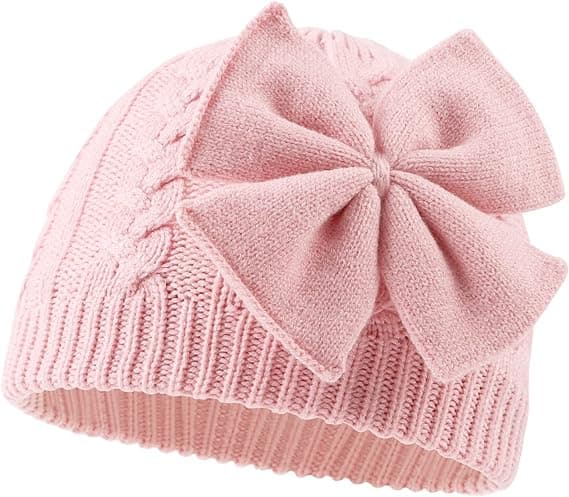 Varm stickad mössa med rosett för flickor, vinter Pink
