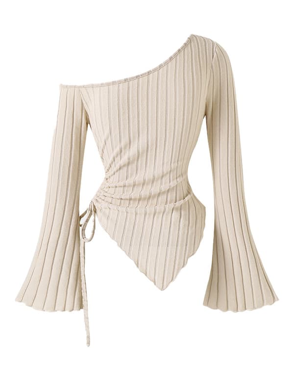 Langærmet damebluse med bare skuldre og asymmetrisk top beige M