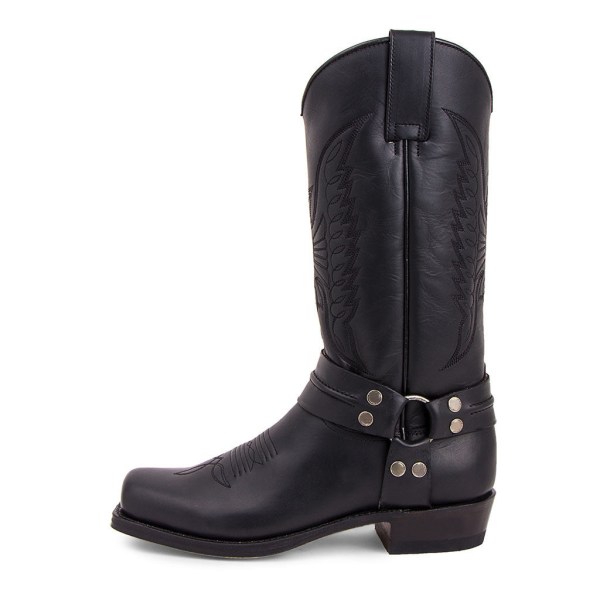 Høye Herre Boots med Sele, Kvadratisk Tå, Casual Black 9.5