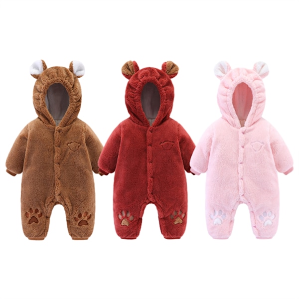 Baby Pige & Pige Fluffy Fleece Hooded Jumpsuit Langærmet Onesie Brown 80cm