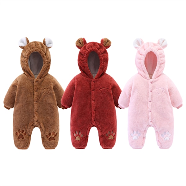 Bebisfleece-jumpsuit med huva, långärmad, för pojke och flicka Red 80cm