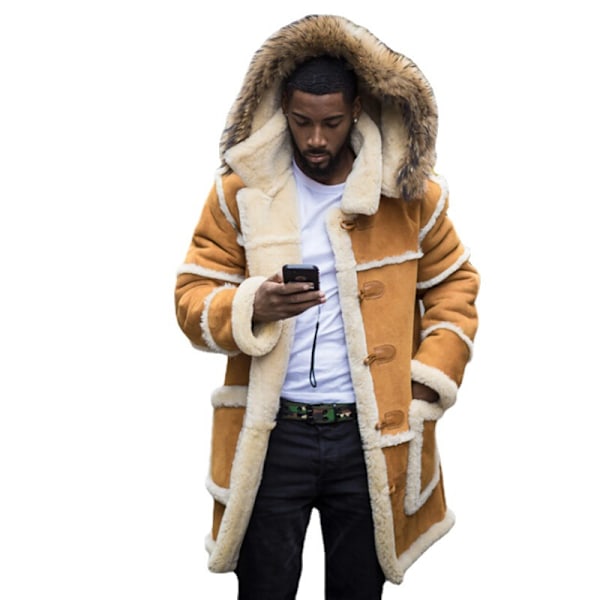 Herre Shearling-jakker med hette, Faux Suede Sherpa-fôret Saue-skinnjakker Yellow 5XL