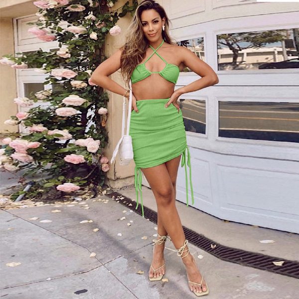 Naisten seksikäs ontto 2-osainen asu halter-kaula-auksella hihaton crop top -hame setti green M