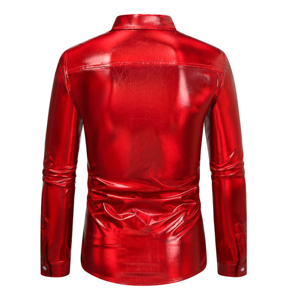 Mænds Metallic Disco Skinnende Slim Fit Langærmet Knapløs Natklubskjorte Burgundy S