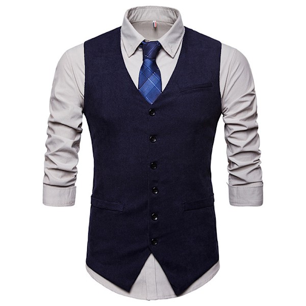 Miesten Korduroliivi V-kaula Vintage Liivi Hihaton Takki Navy Blue L