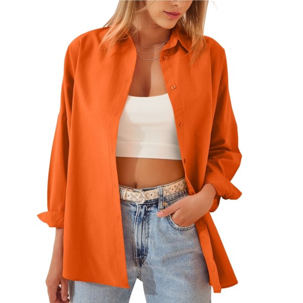 Enfärgad långärmad bomullsskjorta för kvinnor Orange XXL