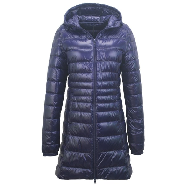 Lättviktig lång dunjacka med luva för kvinnor navy 2XL
