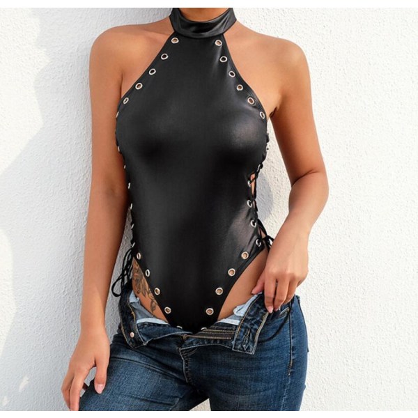 Dame PVC Læder Ærmeløs Snøre Jumpsuit S