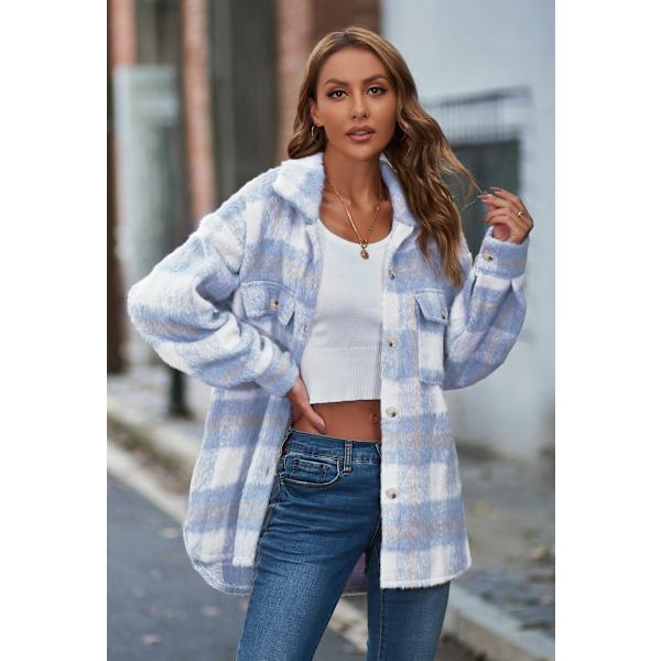 Dametøj Langærmet Casual Plaid Shacket Jakker Skjorter Lapel Tweed Peacoat Light Blue L
