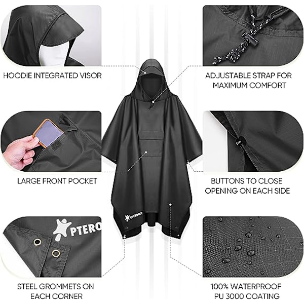 Huvad Regnponcho för Vuxen med Fickor Black