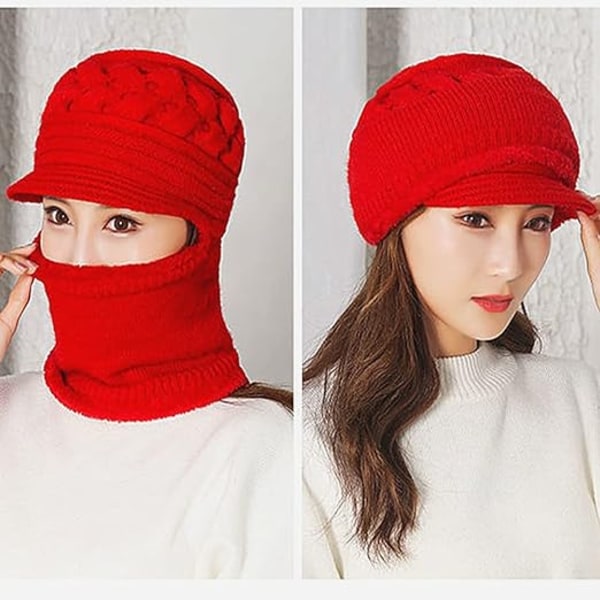 Fleeceforet Beanie Hat til Kvinder Vinterhat Halsklæde Maske Sæt Red
