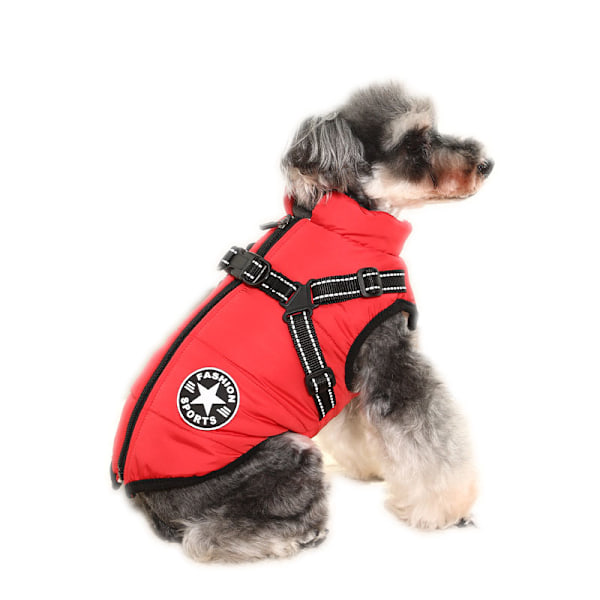 Hundevinterjakke med Sele, Vandafvisende Hundejakke med Lynlås og Fleece Red M