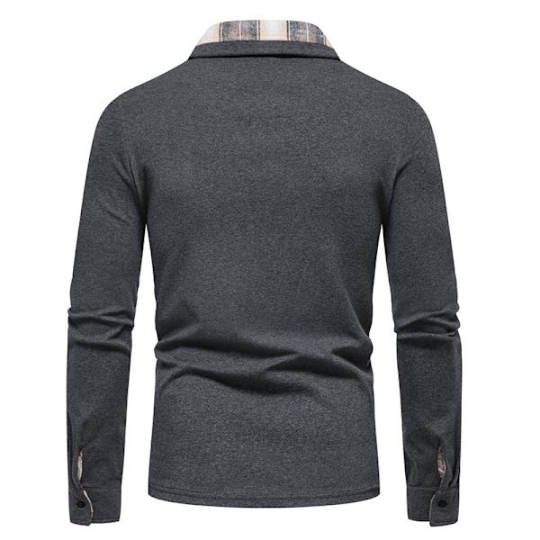 Mænds Langærmet Plaid Patchwork Lapel Casual Skjorte Dark Gray M