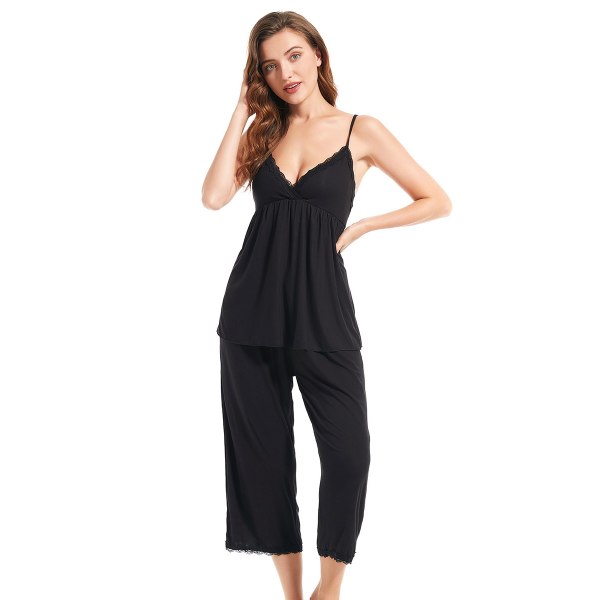 Dam Cami Pyjamas Set Sleepwear Lace PJ Set black L