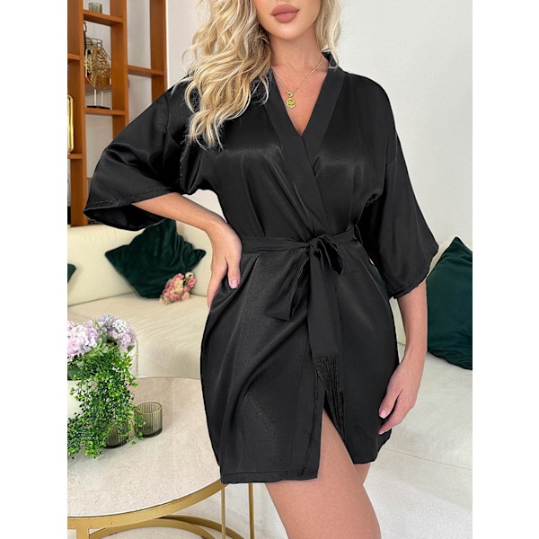 Satin Kimono-badrock för kvinnor i siden Black M
