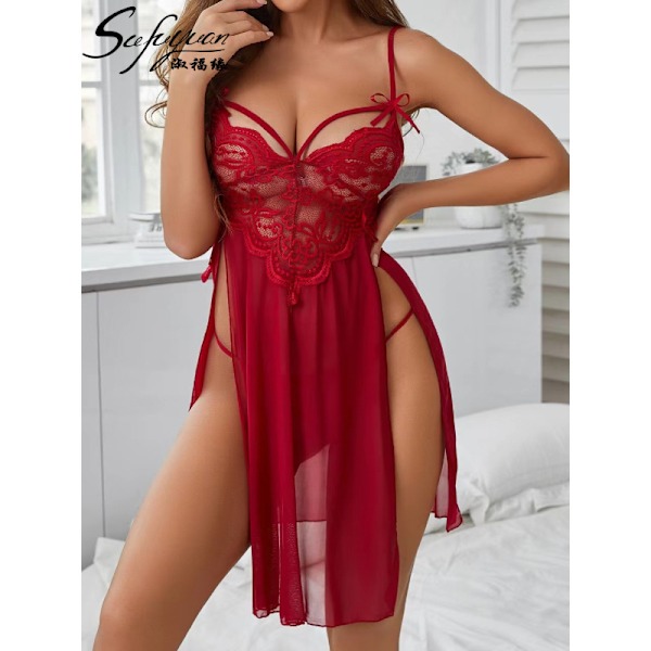 Kvinner Lace Babydoll Åpen Front Sleepwear Wine Red XL