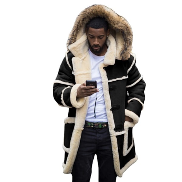 Herrar Pälsjackor med Huva Faux Suede Sherpa Fodrad Fårskinnjackor Black 4XL