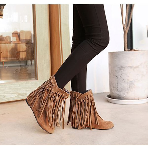 Cowboy Cowgirl Støvler med Frynser til Kvinder, Spids Snude, Slip-on, Western Ankelstøvletter Brown 35