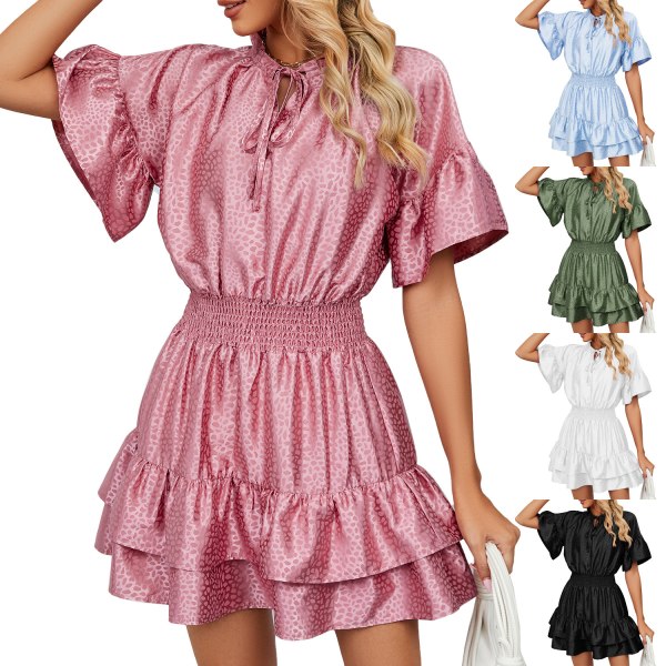 Kvinnors satängklänning med volanghals, kortärmade klänningar pink S