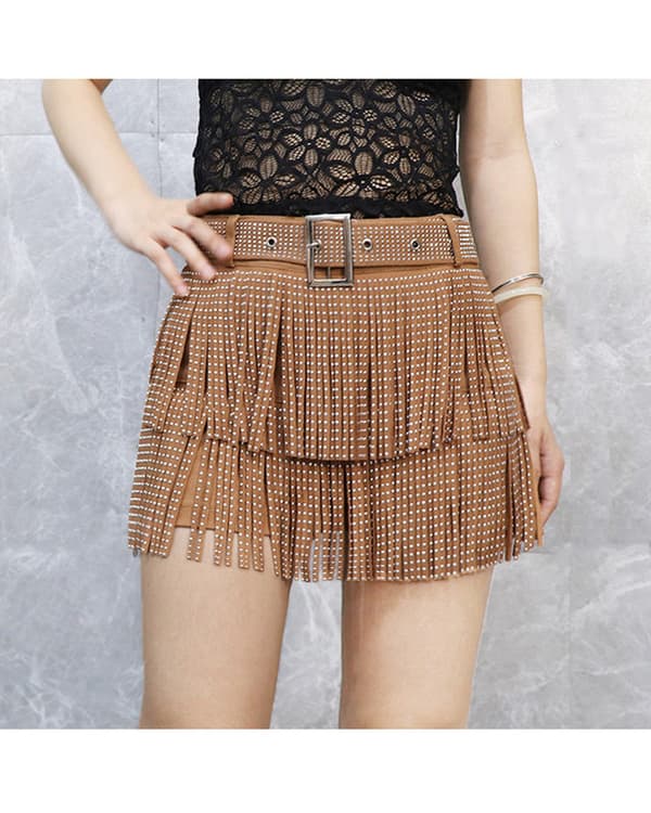 Dam Sparkle Rhinestone Franskjol Elastiskt Midjeband Kort Mini Klänning Brown 2XL