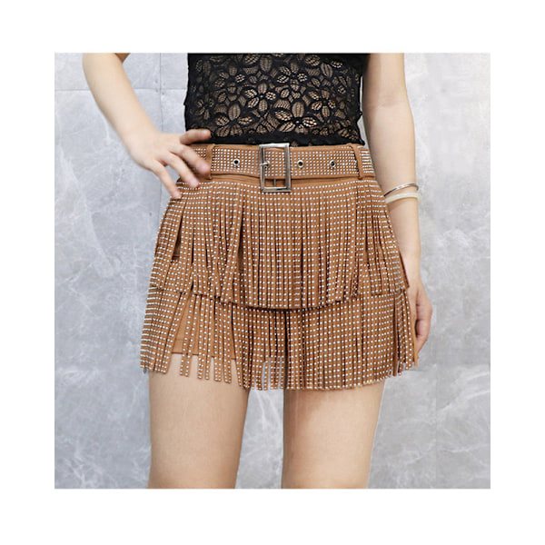 Dam Sparkle Rhinestone Franskjol Elastiskt Midjeband Kort Mini Klänning Brown 4XL