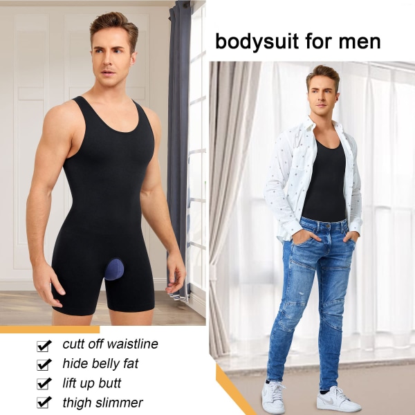 Mænds Ærmeløs Full Body Shaper Bodysuit Shapewear Black XS/S