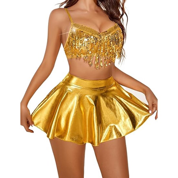 Rave-Outfit til Kvinder med Pailletter og Frynser Gold M