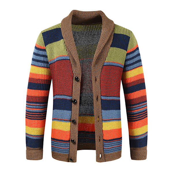 Herrar Casual Knapp-Ner Cardigan Tröja Retro Färgblock Randig Tröja M