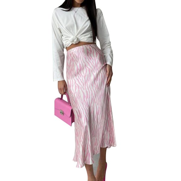 Kvinnors satin hög midja printed Casual A Line kjol pink L