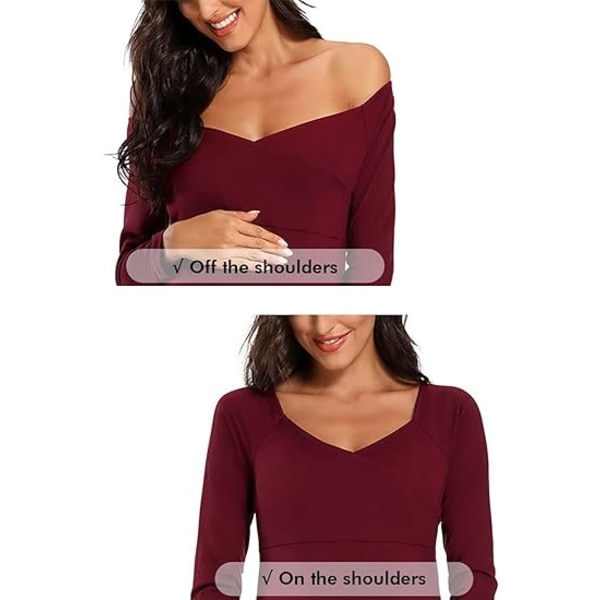 Kvinnors off Shoulder V-ringad Gravidklänning Burgundy red M