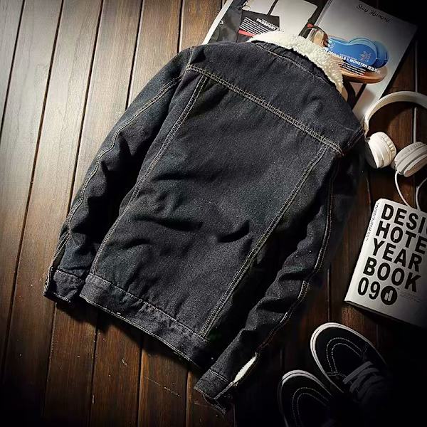 Mænds Lapel Sherpa Fleeceforet Tyk Denim Jean Trucker Jakke Frakker Black XL