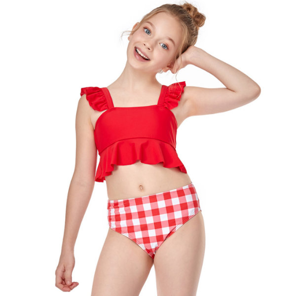 Baddräkter för flickor med V-ringad Bikinibaddräkt red 3XL
