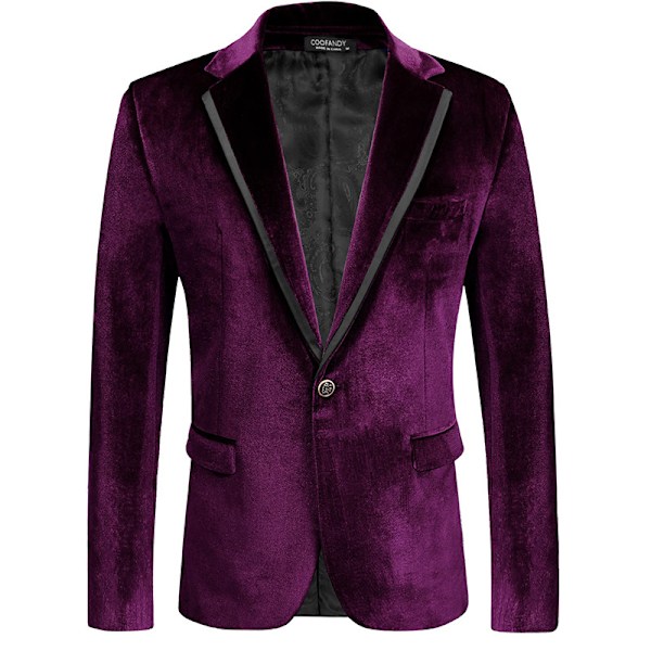 Menn's Fløyelsjakke med Hakket Krage, En Knapp, Velour Smokingjakke Purple M