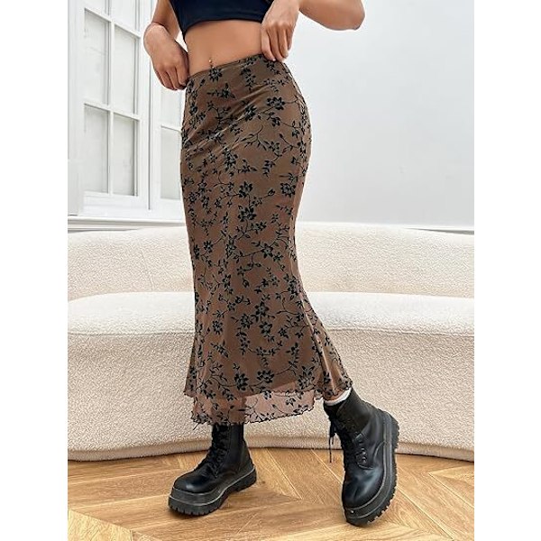 Lettuce Trim Høy Midje Mesh Fishtail Bodycon Langt Skjørt for Kvinner brown M