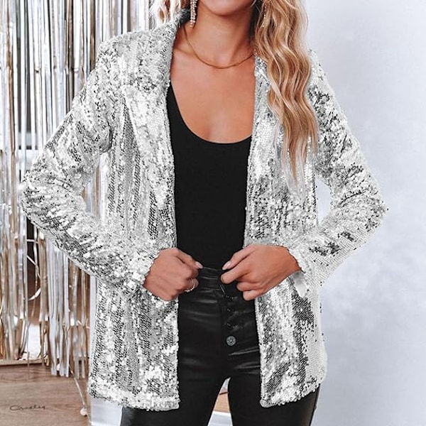 Dame Blazer Letvægts Lange Ærmer Enkelt Knappen Slank Blazer Silver L
