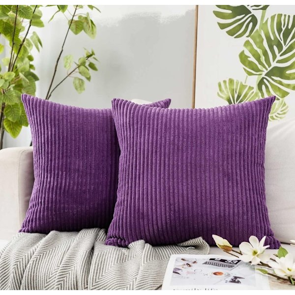 2 st Corduroy Kuddfodral, Solid & Randig Kuddeöverdrag (45*45cm) Purple